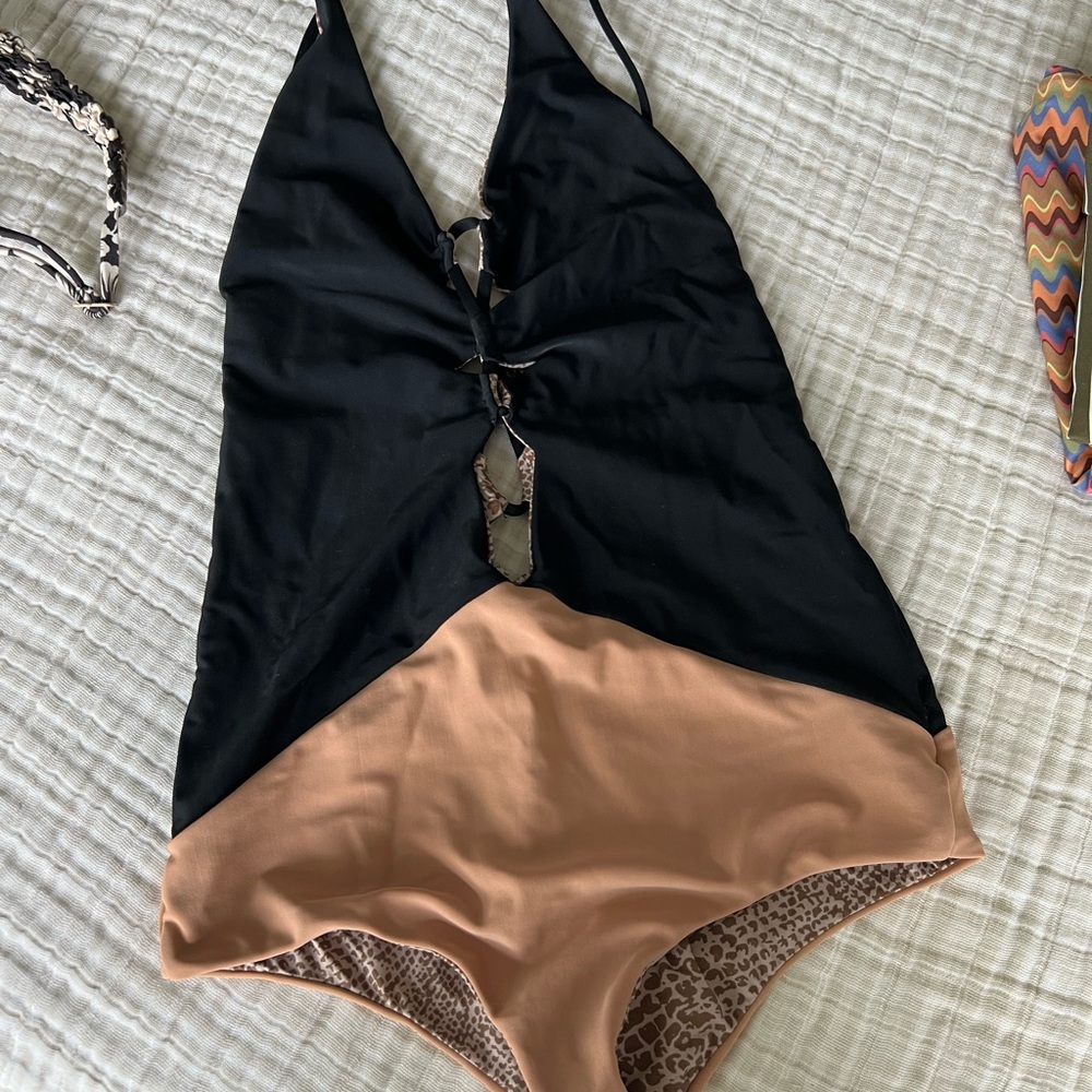 Black and Tan One-Piece Swimsuit